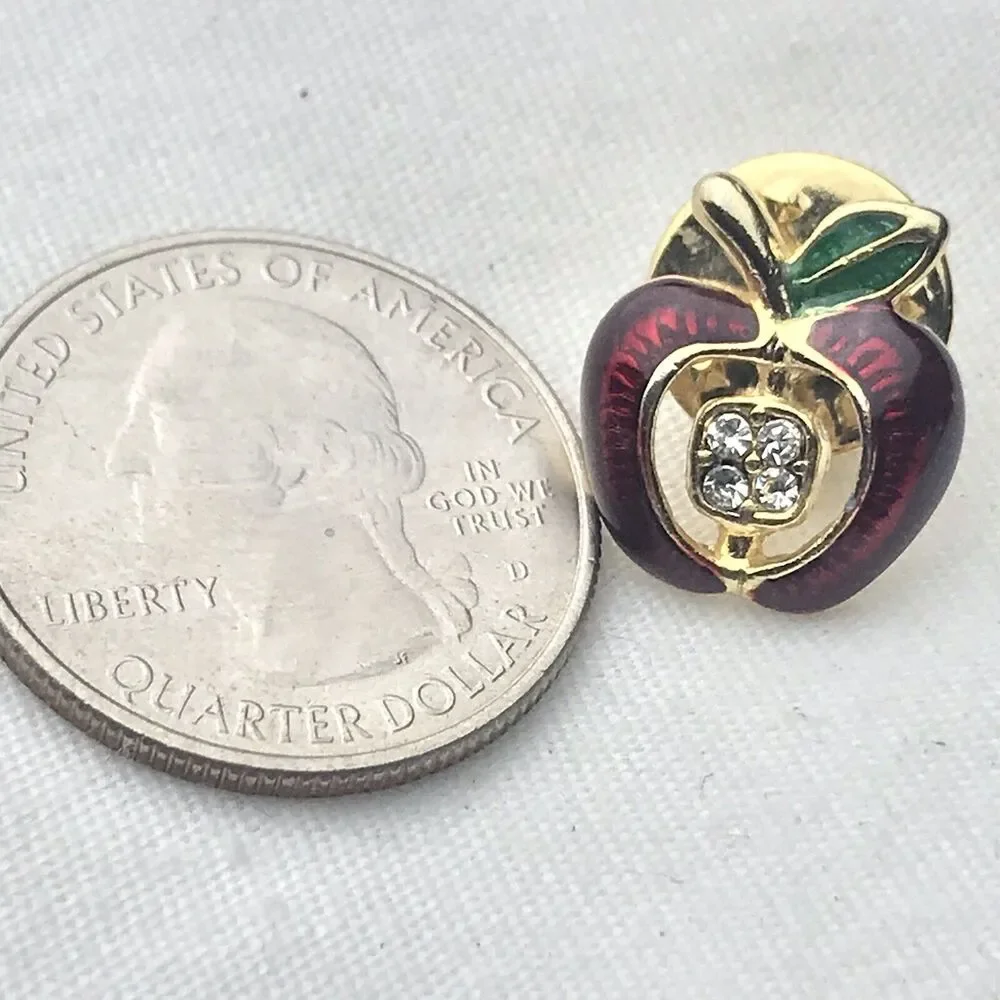 Teacher Apple Pin Brooch Gold Tone Enamel Jeweled Gift Idea Fashion Accessory